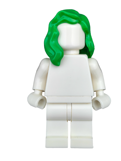 Against a white background, the LEGO 6366742 minifigure features a unique bright green wig draped over its right shoulder. With no facial features or accessories, this piece is ideal for collectors seeking something distinctive.