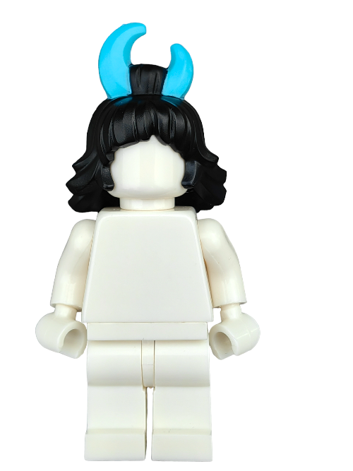 A LEGO figure featuring medium-length black hair with a light blue moon clip and dressed in plain white against a stark background offers a faceless design for limitless creativity and storytelling during playtime.