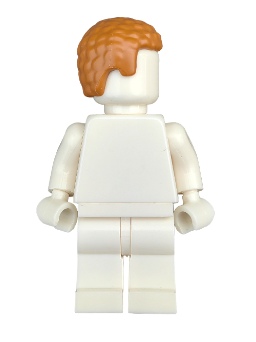 A LEGO 6301980 figurine featuring a lifelike ginger hair coiled wig with textured light brown tones is shown from the back, standing upright with arms at its sides against a plain white background.