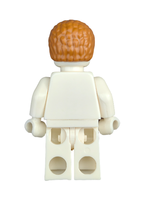 A LEGO 6301980 minifigure, showcasing a realistic look, is seen from behind with ginger coiled hair. Wearing a plain white outfit, exposed arms and legs contrast against a white background.