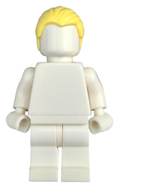 A LEGO minifigure with a LEGO 6174125 Wig, Yellow Hair Combed Swept Back and an unprinted white body stands against a white background, crafted from high-quality materials.