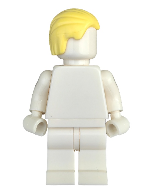 The LEGO 6174125 minifigure features a yellow Wig, Yellow Hair Combed Swept Back - UB1336 atop a featureless face, standing upright with a white torso, arms, and legs against a plain white background.