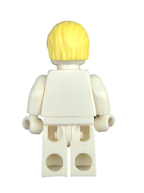 Back view of a LEGO minifigure with the LEGO 6174125 Wig, Yellow Hair Combed Swept Back - UB1336, plain white torso and legs, crafted from high-quality materials.