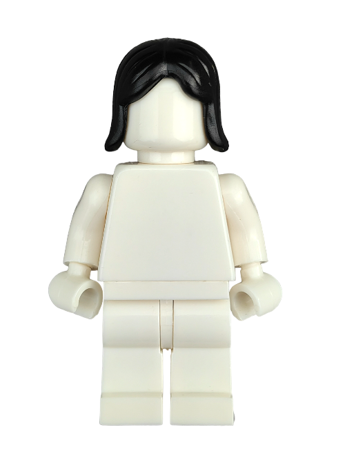 A white LEGO minifigure facing forward wears the LEGO 4659663 wig, featuring black hair with a center parting and medium length. The figure is expressionless and lacks facial features.