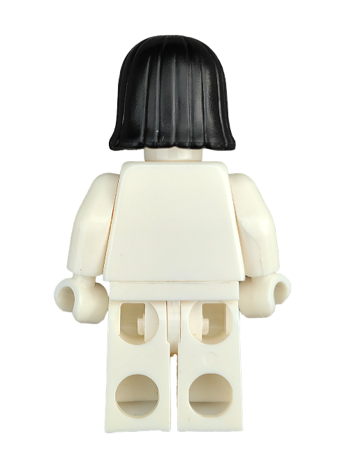 A LEGO 4659663 minifigure with black hair, center-parted medium length, is seen from behind. Its blocky features are typical of toy construction sets as it stands upright on a flat white backdrop.