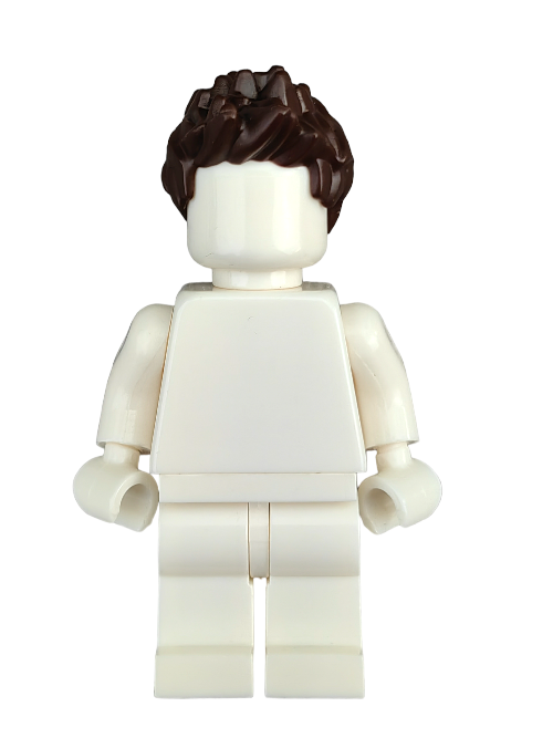 The LEGO 6396921 minifigure boasts a stylish look with a dark brown spikey wig (UB1344). It wears a plain white outfit and stands confidently on a white background.