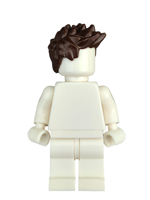 The LEGO 6396921 minifigure with dark brown spikey hair stands out against a plain background despite its lack of facial features or clothing, thanks to the distinctive UB1344 hairstyle.