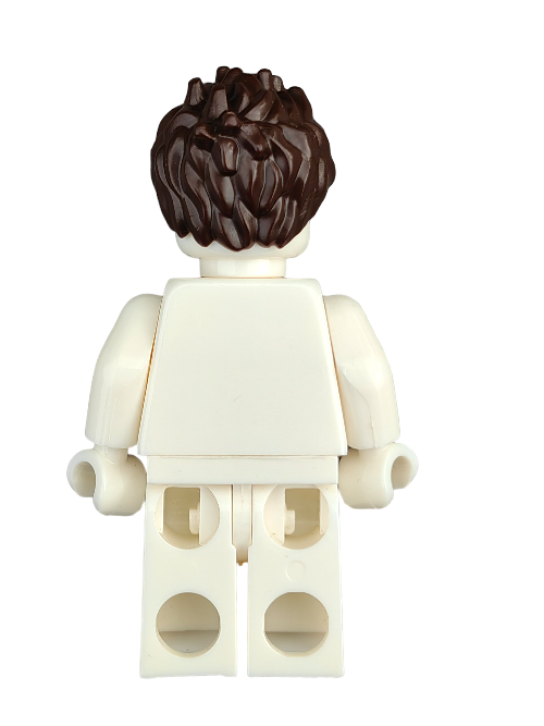 A Lego minifigure seen from behind dons a LEGO 6396921 Wig with spikey dark brown hair. Its plain white torso and legs—both with holes—and matching arms and hands project a stylish aura as it stands confidently on a white surface.