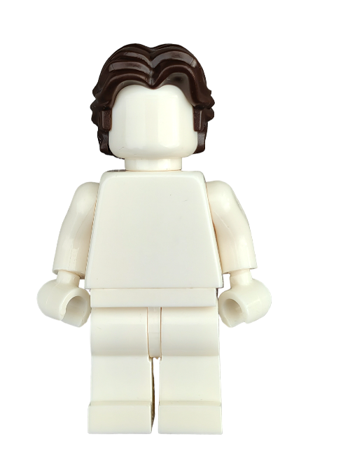A LEGO mini-figure featuring a plain white body and dark brown, medium-length wavy hair with a center parting. The figure lacks facial features and clothing details, set against a simple white backdrop. Product: LEGO 6331108 Wig UB1349.