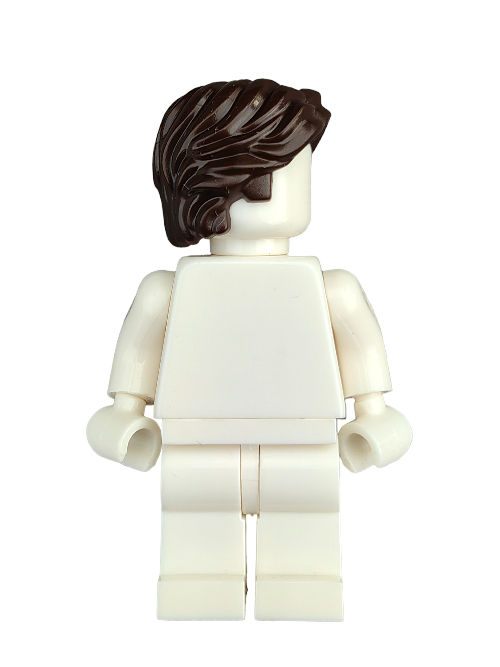 A LEGO figure features a dark brown, short to medium-length wavy hair with a center parting wearing an all-white outfit, viewed from the back without visible facial features.