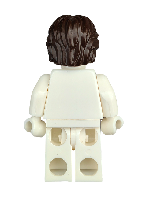 A white Lego minifigure features the LEGO 6331108 Wig with dark brown hair in a short/medium wavy style and center parting. With no visible facial features or accessories, it stands against a plain white backdrop, offering a simple yet intriguing silhouette.