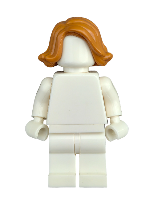 A Lego minifigure with a plain white body and no facial features features ginger hair styled in a bob. The LEGO 6257433 Wig, Light Ginger Hair Short Swept Sideways - UB1352 offers endless customization possibilities for creative builders to explore.