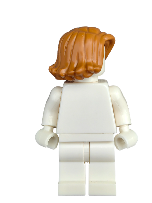 A LEGO minifigure, facing away, wears a white outfit and boasts the LEGO 6257433 Light Ginger Hair Short Swept Sideways (UB1352), underscoring customization options. A plain white background accentuates the vibrant hairpiece.