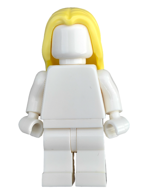 A LEGO 6323492 figure, featuring a plain white face and body, proudly displays the vibrant yellow Hair Long Wig (Parted in Middle - UB1322) against a simple background.
