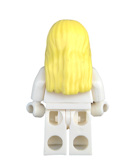 A LEGO minifigure seen from behind wears a white outfit and the LEGO 6323492 Wig, featuring long yellow hair parted in the middle. Its hands are in the default position, with visible back of legs and torso against a white background.