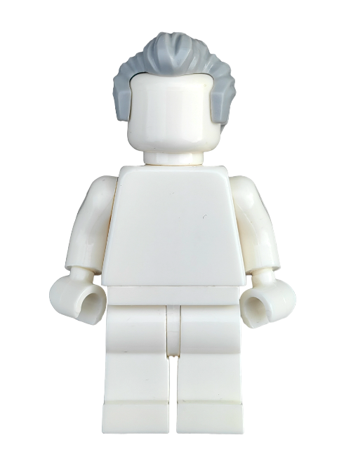 The front view of the LEGO 6123037 minifigure with short swept-back grey hair and sideburns presents a retro vibe against a plain background. This classic design, perfect for any collection, captures timeless appeal.