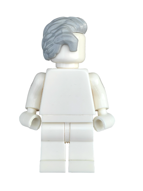Part of the Minifigure collection, the LEGO 6123037 features a retro vibe with its white figure and short grey hair, viewed from the front. The faceless character stands upright against a pure white background, dressed in a plain outfit with slightly bent arms.