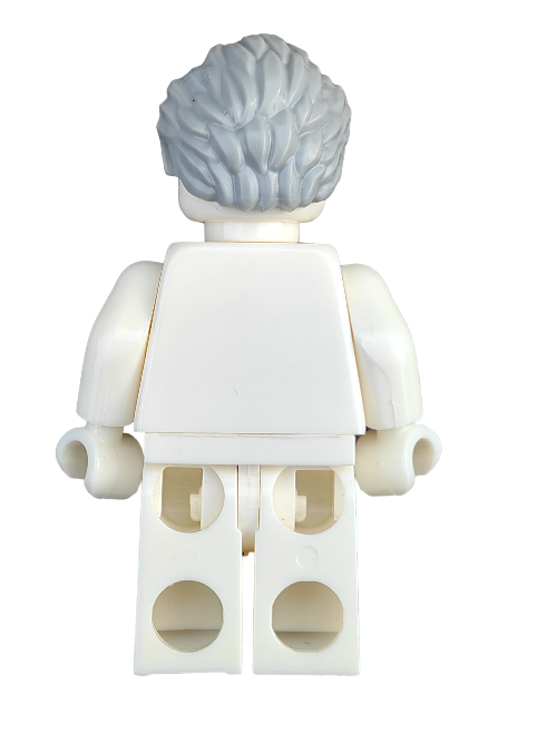 The image showcases the back of a Lego minifigure with grey, short swept-back hair and sideburns (LEGO 6123037). Dressed in a white outfit against a white background, this piece brings a retro vibe to any minifigure collection.