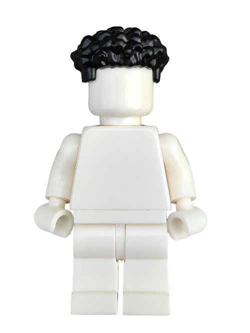 A LEGO 6382532 minifigure, crafted from high-quality materials, stands upright with a Minifigure Wig resembling coiled black hair straight sides. It lacks facial details or distinguishable clothing, presenting a featureless and intriguing appearance.