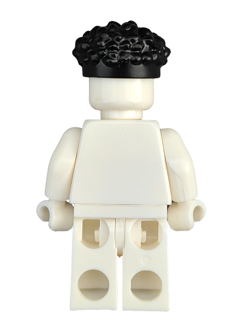 A rear view showcases a Lego minifigure with a white body, featuring the LEGO 6382532 Wig, Black Hair, Coiled with Straight Sides - UB1330.