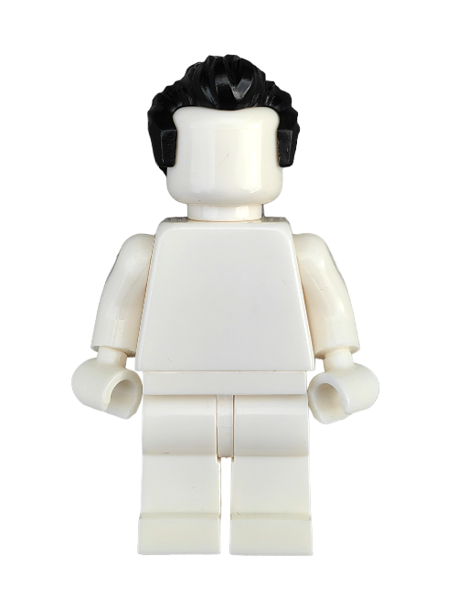 The LEGO 6277468 is a white plastic figure featuring a blocky design with movable arms and legs, adorned with a black Wig, Black Hair Short Swept Back with Sideburns - UB1333, making it an appealing addition to any detailed minifigure collection.