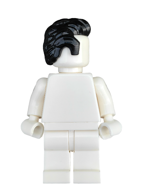 The white LEGO minifigure features a black Wig, Black Hair Short Swept Back with Sideburns - UB1333 and stands upright. It has a plain body with no facial details, making it an ideal addition to your detailed Minifigure collection.
