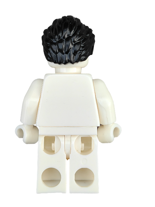 The LEGO 6277468 features a back view of a white Minifigure sporting black hair with sideburns, showcasing a simple design. Part of the Minifigure collection, it exhibits the classic blocky look and high-quality craftsmanship typical of LEGO.