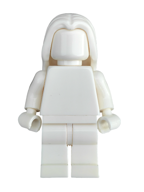 The LEGO 6353972 set features a white, faceless minifigure with a smooth head and a sleek UB1337 wig of long hair parted in the middle. It stands upright with arms at its sides and minimal detailing, showcasing no facial features.