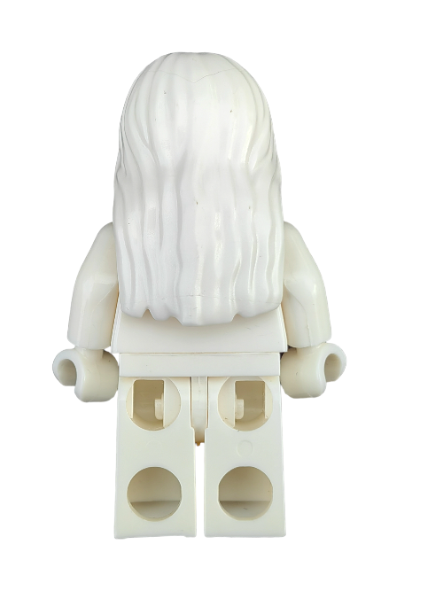 The back view of a LEGO 6353972 white minifigure, wearing the UB1337 wig with long hair parted in the middle, set against a plain backdrop.
