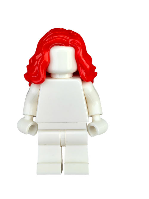 A white LEGO minifigure flaunts the LEGO 6343473 Wig, showcasing a bright red, medium-length wavy hairstyle that adds playful flair to its simple appearance despite lacking facial features or body details.