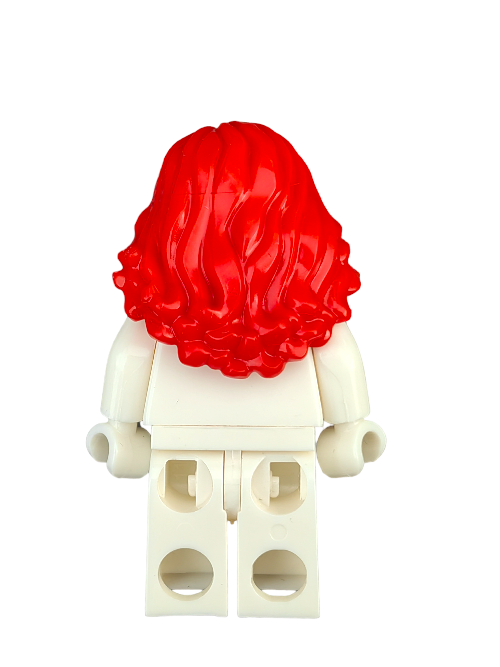 A LEGO minifigure showcases the 6343473 Wig, featuring medium-length bright red wavy hair, with arms resting by its sides against a pristine white backdrop.