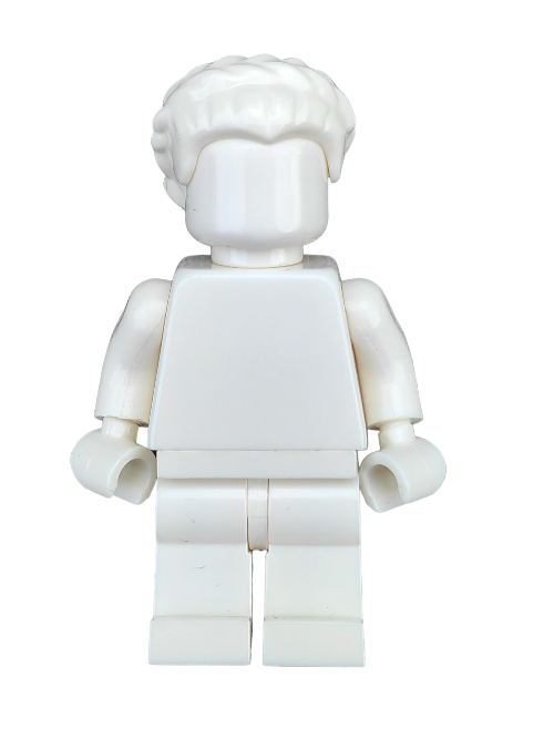 A white plastic LEGO toy figure, featuring the UB1350 design with short braided hair on the sides and a featureless face, stands upright against a plain background with adjustable arms and legs.