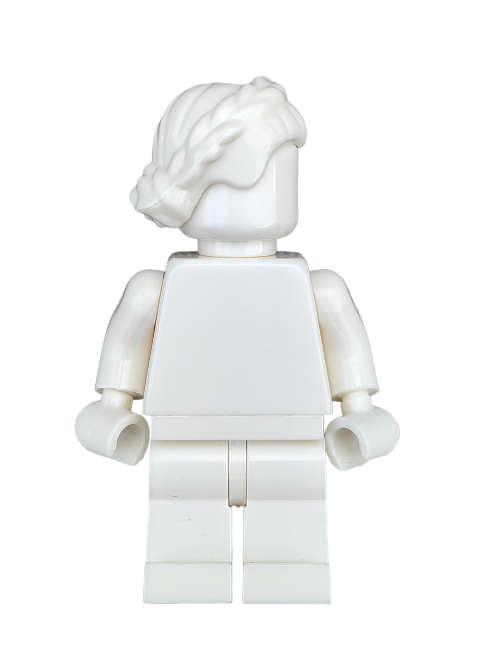 A LEGO 6015217 minifigure with stylized white hair, featuring short braids on the sides, stands facing forward. The figure lacks facial features or clothing details, with slightly bent arms and straight legs.