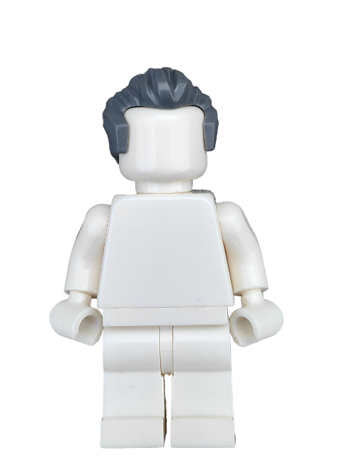 A LEGO 6152549 minifigure features a white body with a blank face, complemented by a dark grey short swept back wig with sideburns, UB1353. It stands upright against a plain white background with arms and legs straight.