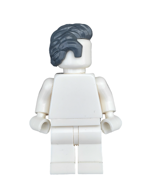 A LEGO minifigure with a dark grey short swept-back UB1353 wig and sideburns stands against a plain background.