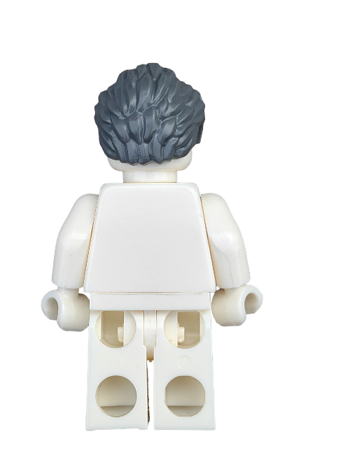 Back view of a LEGO minifigure wearing the LEGO 6152549 Wig in dark grey with short swept back hair and sideburns on a white background. The figure has a plain white torso and legs, no facial features or clothing details are visible.