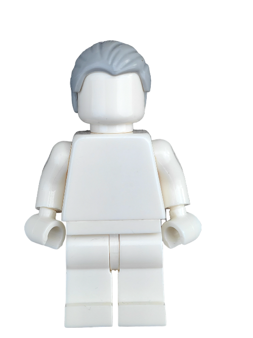 A LEGO-style Minifigure featuring a plain white body and the sleek Grey Hair Combed Swept Back Wig from LEGO (Product 6258678), stands against a pristine white background, ready for any adventure.