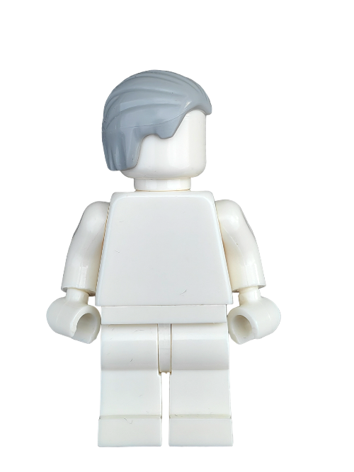 A minifigure features the LEGO 6258678 Wig, Grey Hair Combed Swept Back - UB1323 and a blank, featureless white body including torso, arms, and legs, standing against a plain white background.