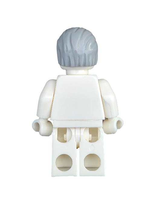 The image showcases a white LEGO minifigure from behind, wearing the LEGO 6258678 Wig, Grey Hair Combed Swept Back - UB1323 accessory. It stands upright against a white background, highlighting its clean design.
