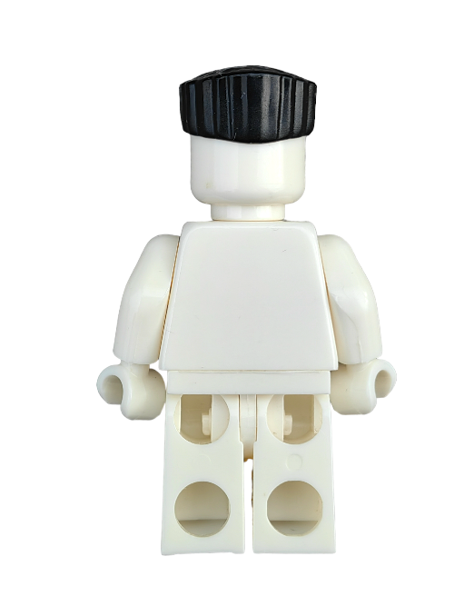 A LEGO 6399881 figure with a black flat top wig mimics a Minifigures appearance, showcasing its back and arms. The legs have openings at the bottom, and the stark white background enhances its minimalist aesthetic.