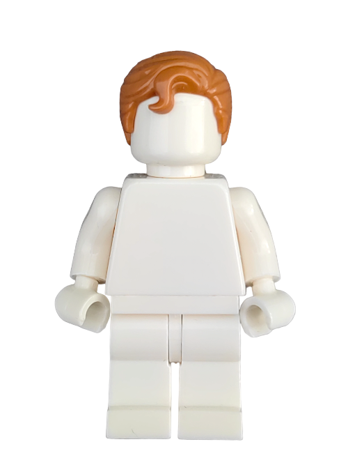 A LEGO figure features a plain white body and the distinctive LEGO 6358228 Wig in ginger hair swept right with a front curl. This minimalistic design, set against a white background, offers limitless storytelling opportunities.