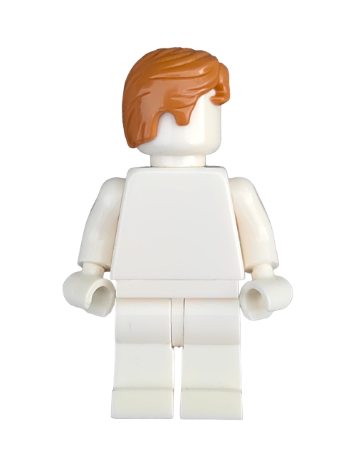 The LEGO 6358228 minifigure, featuring a plain white body and ginger hair swept right with a curl at the front, is shown against a white background. Its simple design and vibrant hair invite storytelling possibilities as it faces away.