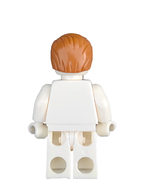 A LEGO minifigure is shown from the back, wearing a white outfit and the LEGO 6358228 Wig in ginger hair swept right with a front curl—UB1331, on a plain white background, hinting at endless storytelling possibilities.