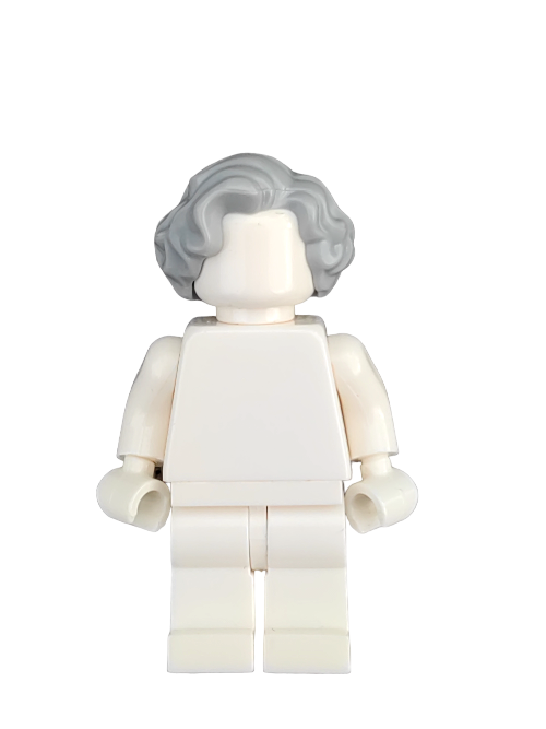 A LEGO minifigure featuring the 6194414 Wig, a medium gray wavy hairstyle with a side parting. It wears an all-white outfit with a plain torso and legs. Its face is neutral and hidden, adding intrigue to your collection.