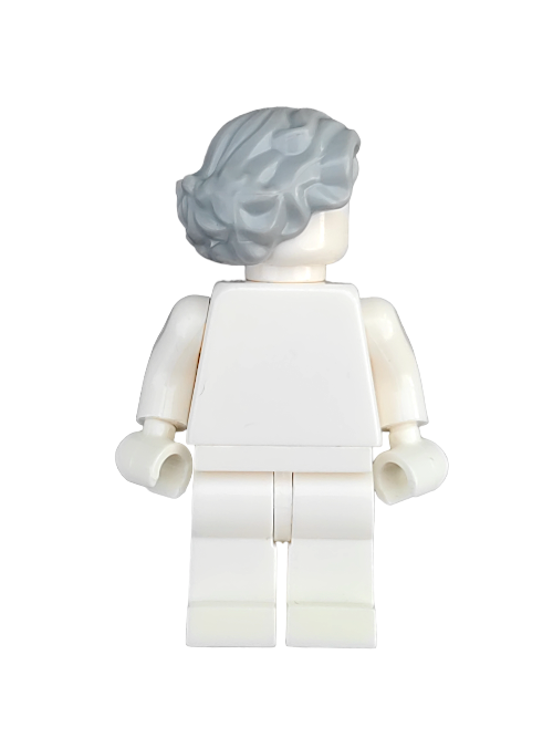 A LEGO 6194414 minifigure with a medium, wavy grey wig (UB1334) stands facing away. Dressed in a simple white outfit with lowered arms, it embodies the charm of miniature figurines.