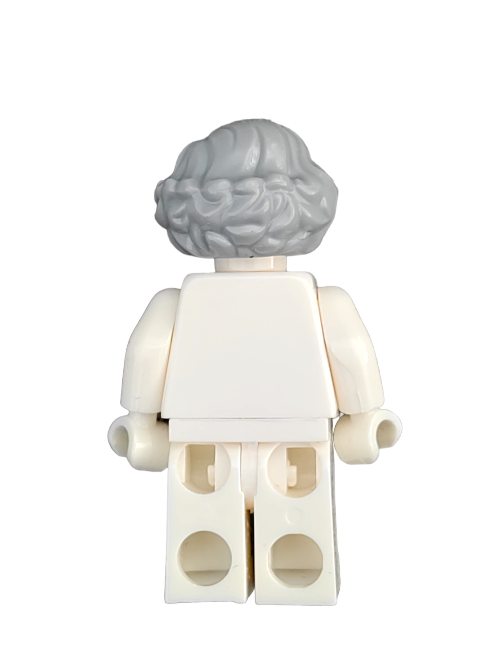 A white LEGO figure dons the LEGO 6194414 Wig featuring medium, wavy grey hair with a side parting, viewed from the back atop a plain body, capturing the charm of miniatures without extra features.