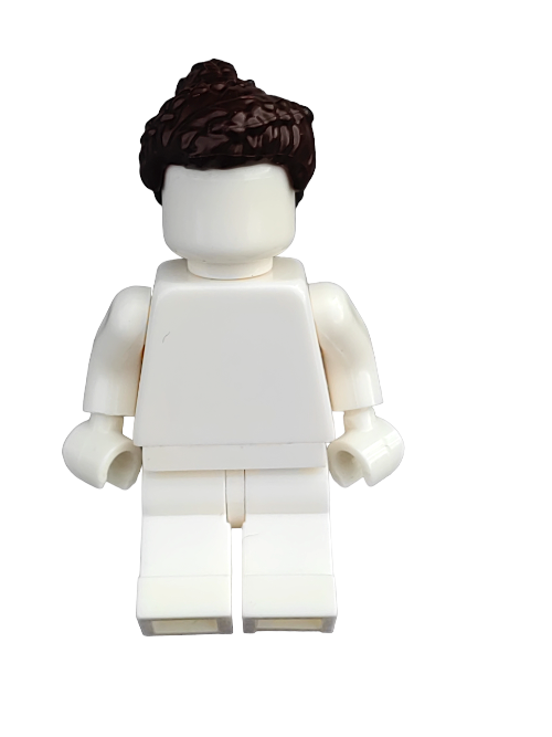 A LEGO minifigure with the LEGO 6353138 Wig, Brown Hair Long Braided with Ponytail - UB1338 stands on a plain white backdrop.