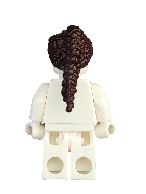 The back view of the LEGO minifigure displays a detailed LEGO 6353138 Wig, Brown Hair Long Braided with Ponytail - UB1338, paired with a white outfit against a plain white background.