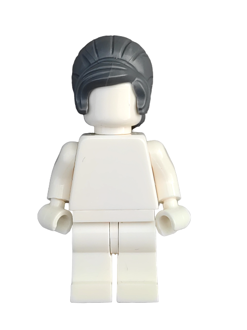 A LEGO minifigure wearing the UB1342 Wig, a Dark Grey Hair Beehive Style with a Side Fringe, stands against a plain white background. The figure lacks facial features or clothing details, making the wig the standout feature.
