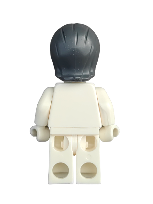 A minifigure featuring a dark grey beehive style wig with side fringe and a white body stands upright against a white background.